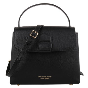 BURBERRY 巴寶莉 -  烙印金字側格紋皮革磁釦手提/斜背包(素面黑)