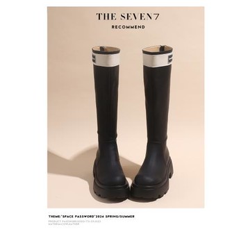 厚底長筒靴女拼接加絨小個子內增高白邊小香風拼色高筒字母騎士靴