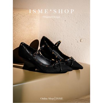 鉚釘一字蝴蝶結羊皮瑪麗珍氣質坡跟法式尖頭單鞋扣帶女鞋通勤設計