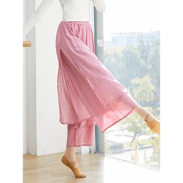 舞民族飄逸棉麻闊腿褲開叉雙層舞蹈褲古典舞垂感黑色練功褲演出褲