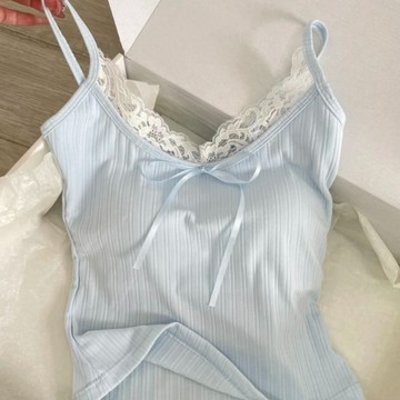 純欲蕾絲吊帶背心女 夏季新款小香內搭打底性感法式baby藍上衣 YC362