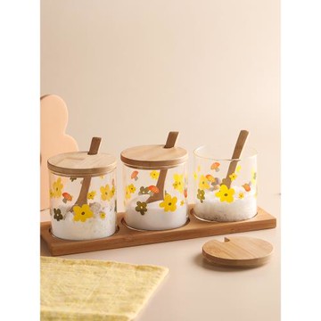 藍蓮花家居玻璃調味罐組合套裝北歐防潮廚房調料盒帶蓋帶勺鹽罐