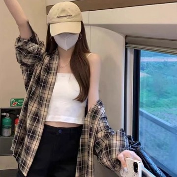M-4XL 休閒港風百搭格子襯衫 夏天襯衣 港風復古感長袖上衣 寬鬆襯衫外搭 夏天防曬衫 大碼女裝 法式格子衫