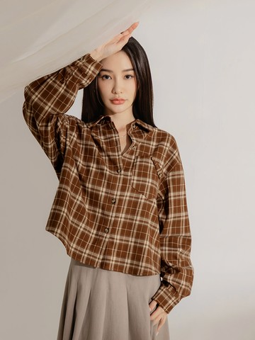 毛織格紋口袋泡泡袖襯衫上衣