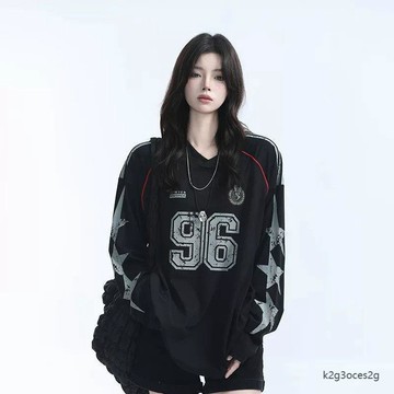 【臺灣出貨】美式復古V領印花長袖球衣oversize中性寬鬆情侶潮牌星星運動衛衣男生運動上衣薄款上衣秋冬球衣訓練服
