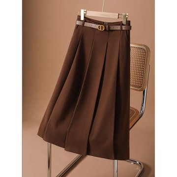 咖色毛呢半身裙女秋2025新款秋冬款高腰a字裙中長款百褶裙傘裙子