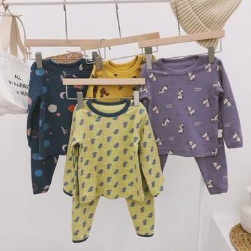 兒童卡通羊毛拉架棉磨毛家居服內衣男女童寶寶圓領睡衣秋衣褲套裝