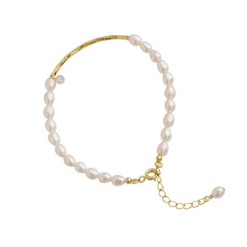 現貨+預購 純銀鍍14K金手鍊珍珠手環-米粒珍珠串珠鋯石女飾品74ar30【獨家進口】【米蘭精品】