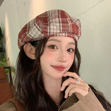 2024新款學院風格子貝雷帽女秋冬季文藝復古時尚百搭報童帽南瓜帽