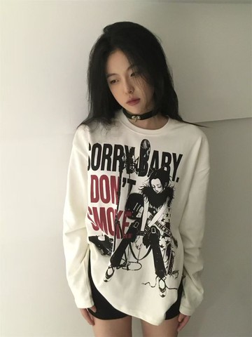 學院風純棉字母印花長袖T恤美式復古oversize寬鬆休閒打底 女生上衣 男生長袖 圓領T恤 大學t 韓版