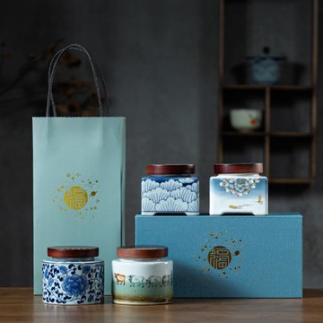 粗陶窯變復古青花汝窯祥荷茶葉罐德化陶瓷小號密封儲物對罐套裝
