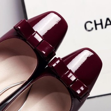 婚鞋淺口單鞋粗跟女鞋方頭高跟鞋蝴蝶結女大碼42 43小碼31 32 33