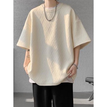 重磅提花短袖T恤男款2025夏季潮流痞帥ins百搭寬松紋理圓領半截袖