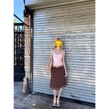 美式辣妹棕色波點低腰蕾絲蝴蝶結魚尾半身裙女夏季新款純欲中裙子