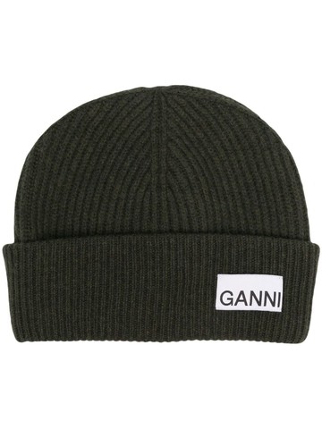 GANNI - logo-patch ribbed-knit beanie - women - Recycled Polyamide/Recycled Wool/Wool - One Size - Green