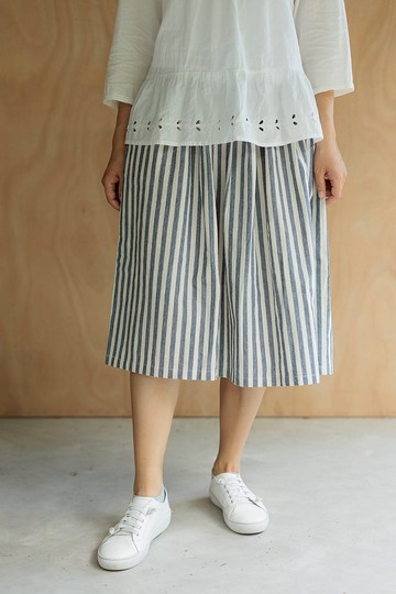 清新水藍直條紋 棉麻中長裙