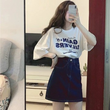 【Chan's】⚡️ 夏季港味甜辣風寬鬆短袖T恤女+高腰A字牛仔短裙時尚兩件套裝
