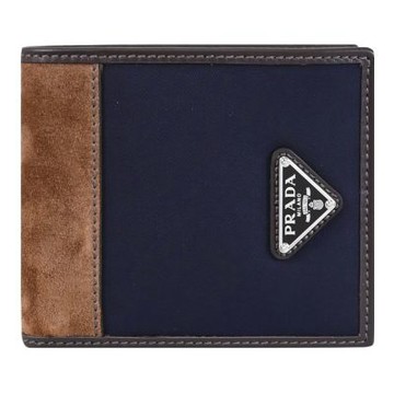 PRADA 經典三角LOGO尼龍麂皮對開八卡短夾(深藍/棕)