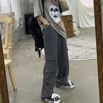 美式工裝褲 工裝褲女 工作褲 休閒褲 女裝 工裝褲女夏季高腰顯瘦原宿風寬鬆休閒直筒闊腿褲長褲子 長褲 運動褲 女生長褲