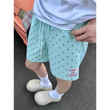 多巴胺波點藍色短褲女夏季高腰a字美式運動沙灘三分熱褲小個子