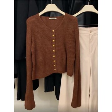 今年流行漂亮毛衣秋冬美拉德穿搭氣質復古棕色長袖套頭針織開衫女