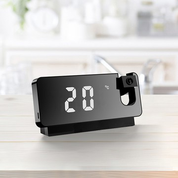 【嵐楓居家】LED鏡面投影電子鐘/鬧鐘/時鐘（聲控/氣溫/鬧鐘/療癒小物/生日禮物/聖誕禮物/交換禮物）-黑殼白燈_廠商直送