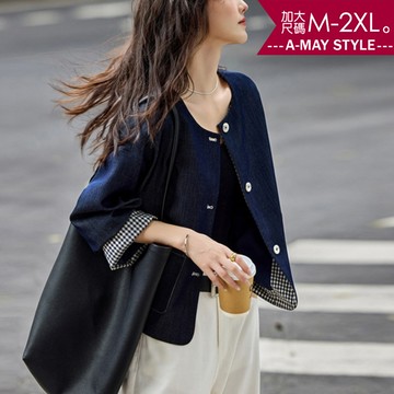 加大碼夾克 時髦設計拼接寬鬆感圓領外套。(M-2XL)【XAM250958】＊艾美時尚(現+預)