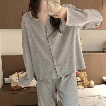 可可裡👛睡衣 家居服 新款 簡約 撞色邊長袖睡衣 女 春季舒適休閒 可外穿 兩件套