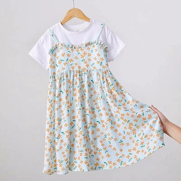 【Hi！Kids】女童夏季新款假兩件連衣裙中大童夏天裙子夏裝小女孩夏款涼快長裙
