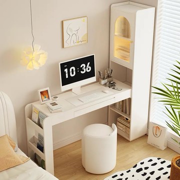 定制奶油風書桌書櫃一體簡約辦公桌梳妝臺家用臥室學習電腦寫字臺WW59公司貨