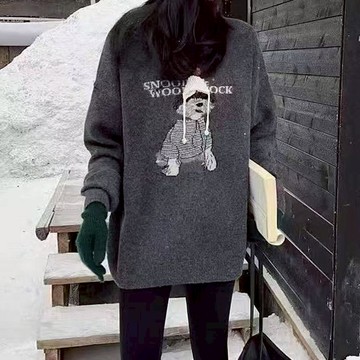 🌟折價券必買🌟中大尺碼 上衣 韓版白帽子小狗加厚針織上衣【074837】JAN28｜1色  19LADY〔現貨〕