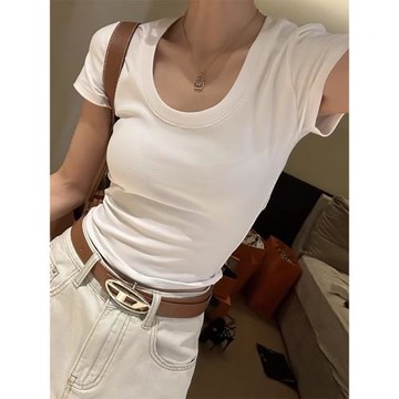 緊身U領正肩短袖女2025夏季基礎款百搭上衣美式辣妹漏鎖骨白色T恤