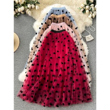 法式復古網紗半身裙女2024新款高腰中長款A字裙子植絨愛心蓬蓬裙