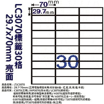 【文具通】LC3070標籤30格 29.7x70mm 亮面 ASLC3070【領券滿額再折千12/31止】