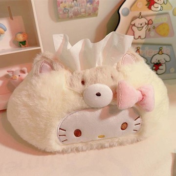 ✨臺灣出貨✨可愛kitty奶黃毛絨紙巾盒紙巾家用客廳衛生間紙盒紙巾盒車載