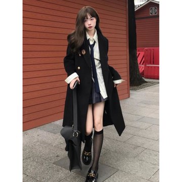 黑色毛呢外套女中長款春季韓版氣質小個子學院風時尚大衣赫本風