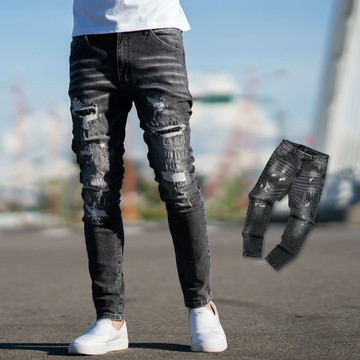 【NB1772J】韓國製黑灰刷色破壞感車線補丁合身版牛仔褲(LE-HB195)