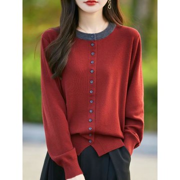 胖mm特大碼外搭羊毛針織開衫女春秋2026新款寬松遮肚紅色毛衣外套