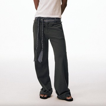 日系復古 / 編織腰頭闊腿長褲