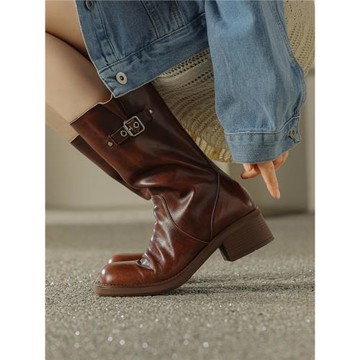 南城以北2024秋冬真皮粗跟復古中筒馬丁靴女高跟超火機車騎士短靴