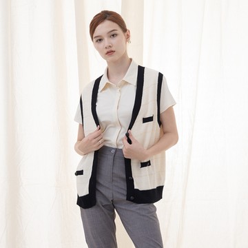 【MASTINA】配色特色編織無袖針織衫 藍 黑