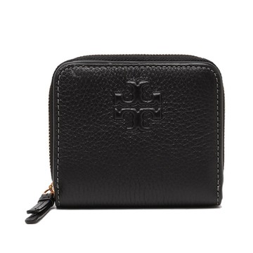 TORY BURCH Thea荔枝皮革浮雕LOGO對折拉鍊短夾(黑色)
