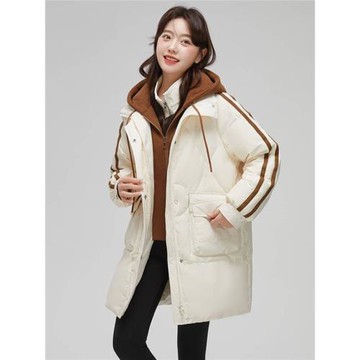 羽絨服女中長款衛衣連帽假兩件韓版寬松冬季外套2024年新款白鴨絨