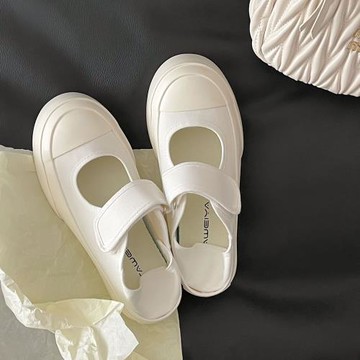 魔術貼厚底瑪麗珍鞋女2022大頭帆布鞋松糕底淺口兩穿踩腳小白鞋