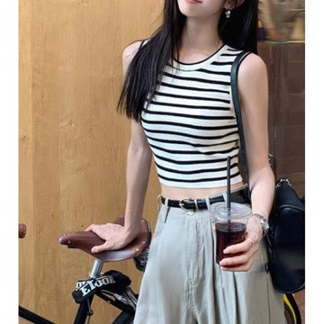復古針織條紋工字背心女夏2025夏季新款圓領冰絲無袖外穿短款上衣