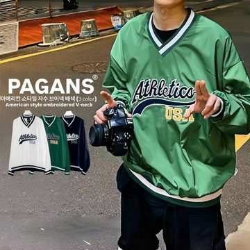 【PAGANS STORE】韓國代購 字樣 刺繡 復古 棒球 V領 撞色 重磅 寬鬆 長袖 大學Tee