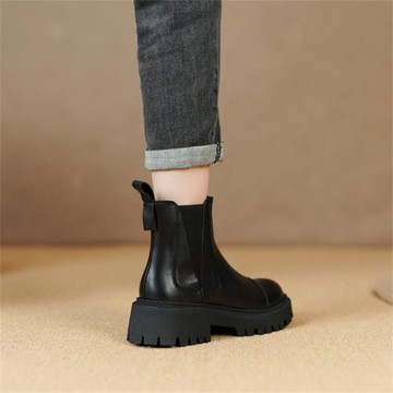 2025新款秋冬切爾西圓頭短靴女英倫風粗跟復古短筒通勤百搭馬丁靴