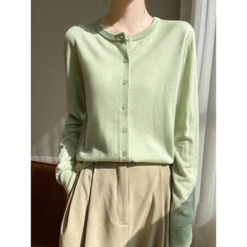 薄款精紡羊毛針織開衫女士純色圓領細線柔軟毛衣外搭春秋羊毛上衣