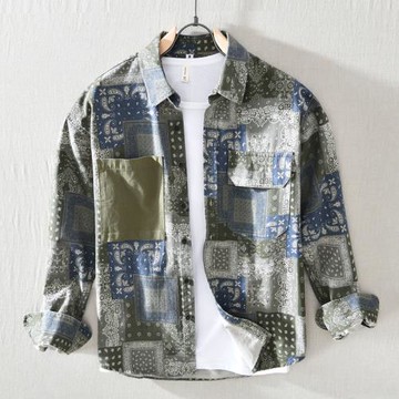 春秋男士長袖純棉碎花襯衫日系青年復古休閑襯衣潮牌寬松工裝寸衫