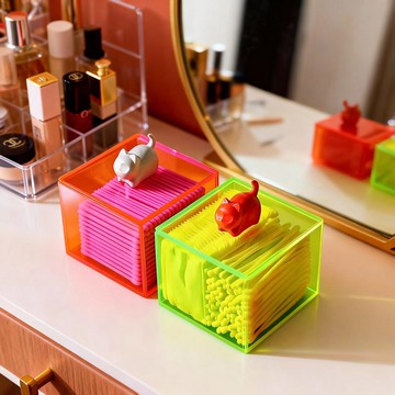 可愛貓咪 螢光色壓克力化妝棉 棉花棒方形收納盒